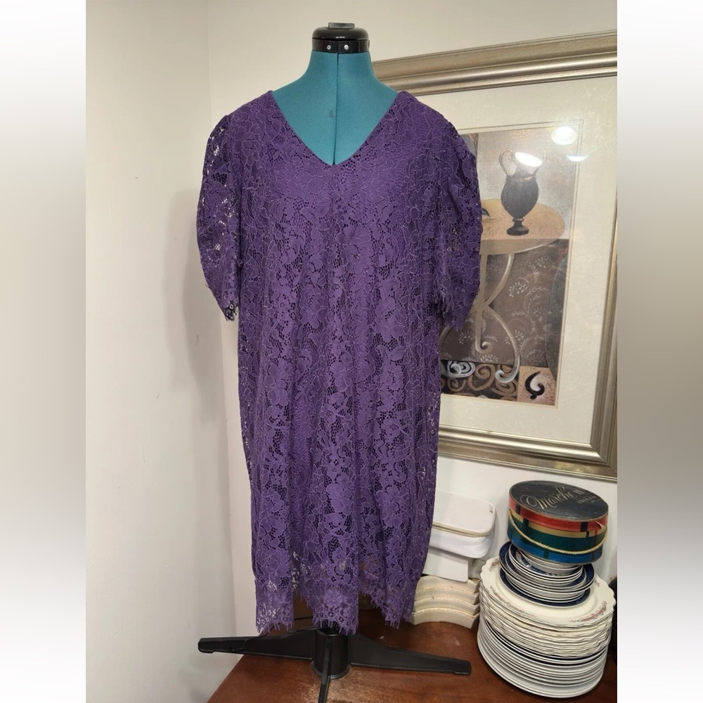 Violeta By MNG Women’s Purple Lace Lined Stretch A-Line Dress Size 16